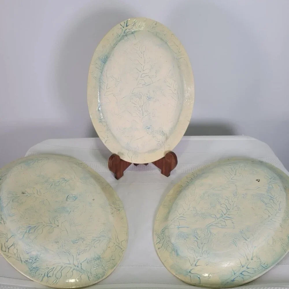 Handmade Ceramic Sgraffito Plates Oregon PNW Artisan Pottery  Set Of 3 Stamped - Picture 7 of 10